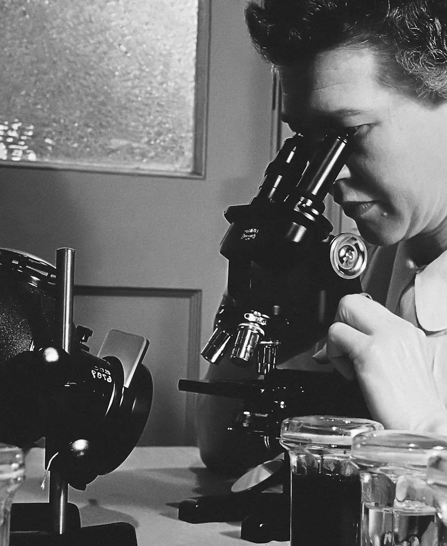 Researcher looking through a microscope in a laboratory